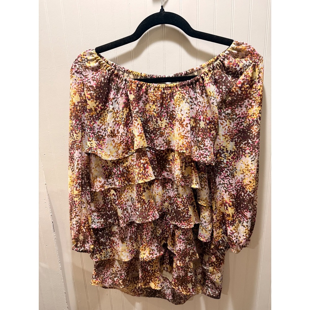 Christopher‎ & Banks Womens Ruffle Tiered Blouse Abstract Print Off Shoulder